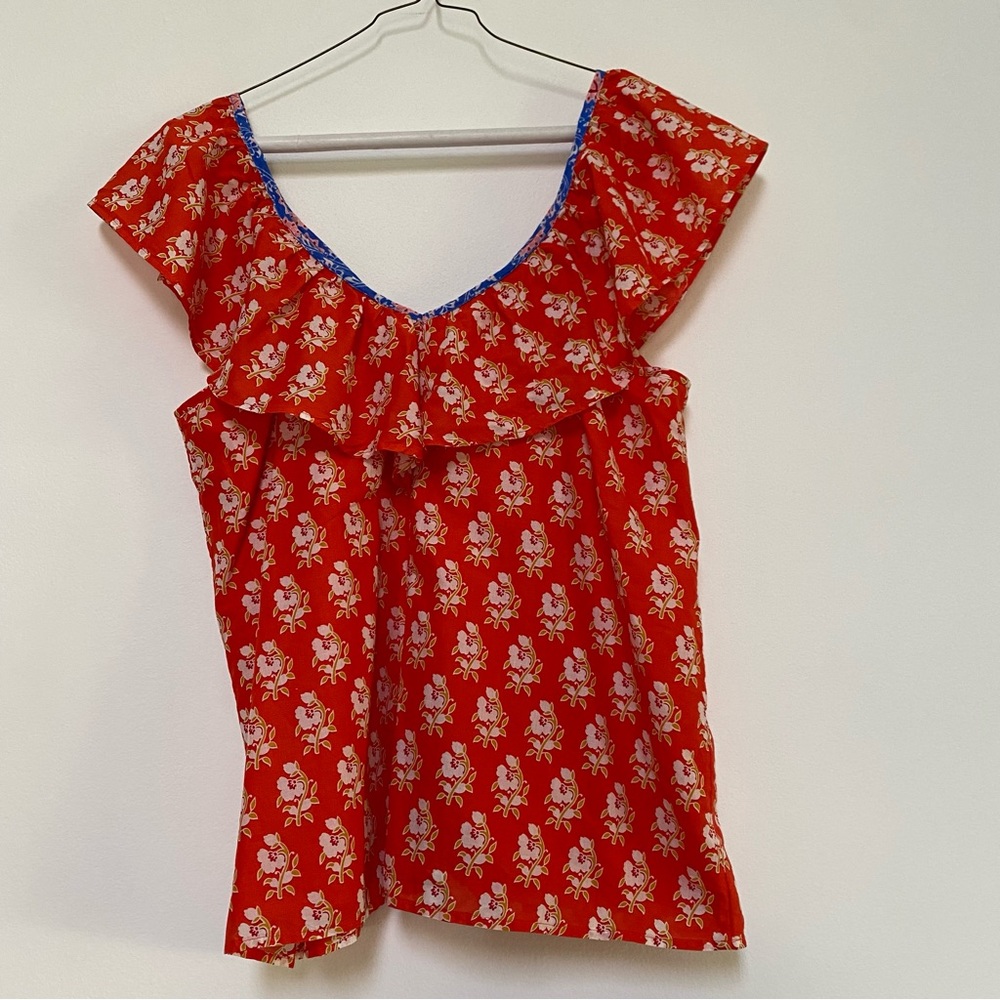 J.Crew Block Print Ruffle Flutter V-Neck Blouse Boho S - Picture 5 of 8